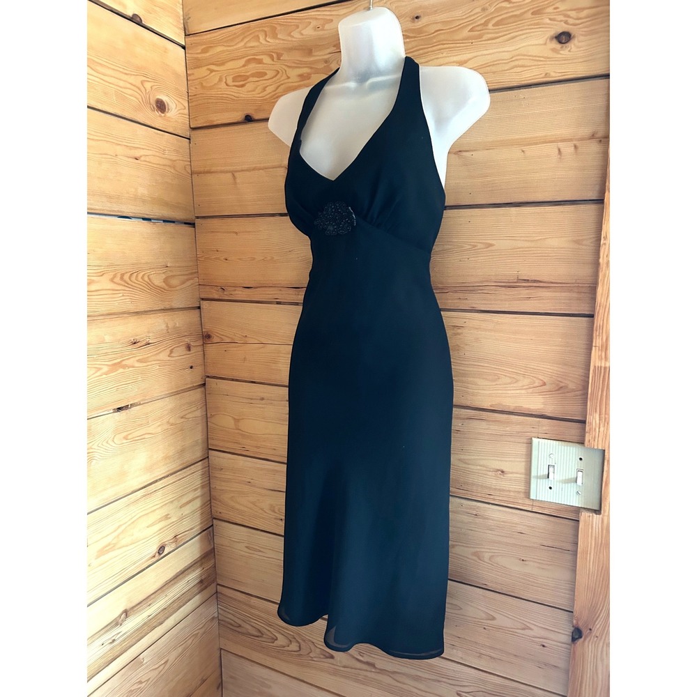 Vintage 90s Black Halter Midi Dress Sheer Overlay Beaded Detail Size 6 Friends - Picture 2 of 12